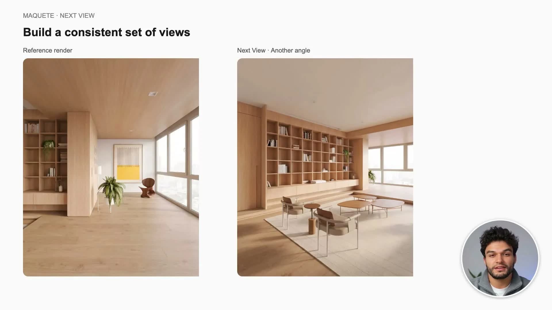 Pair a new model view with a finished render of the same project.
