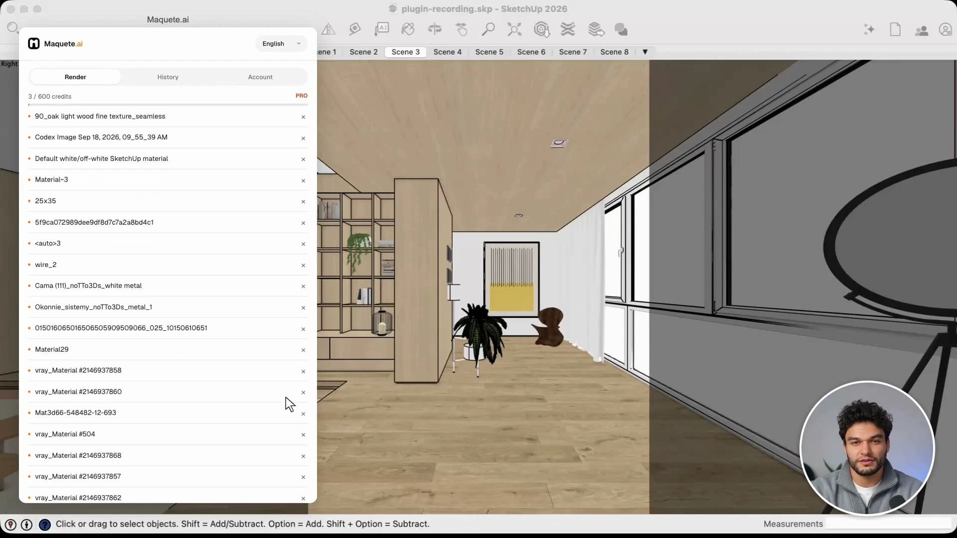 Review the materials captured from the SketchUp scene before rendering.