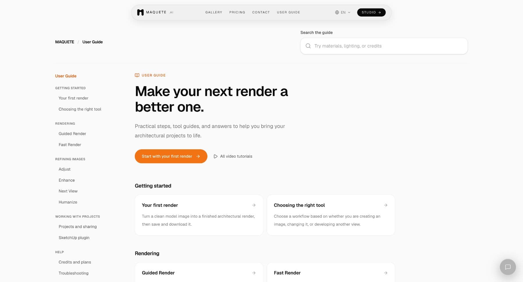 English User Guide home with search, a Start here link, and grouped articles.