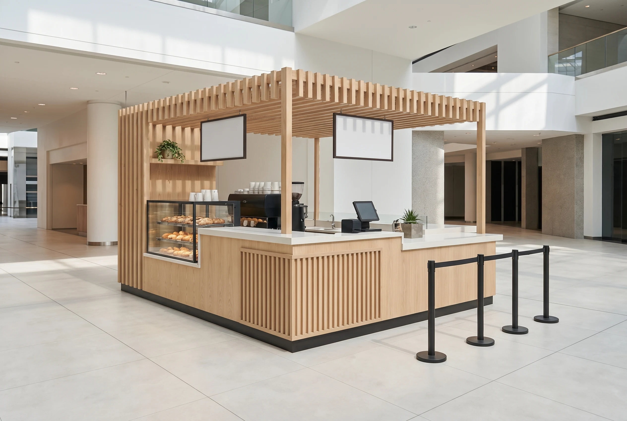 Kiosk rendered with Maquete: Timber coffee kiosk in a shopping-centre concourse