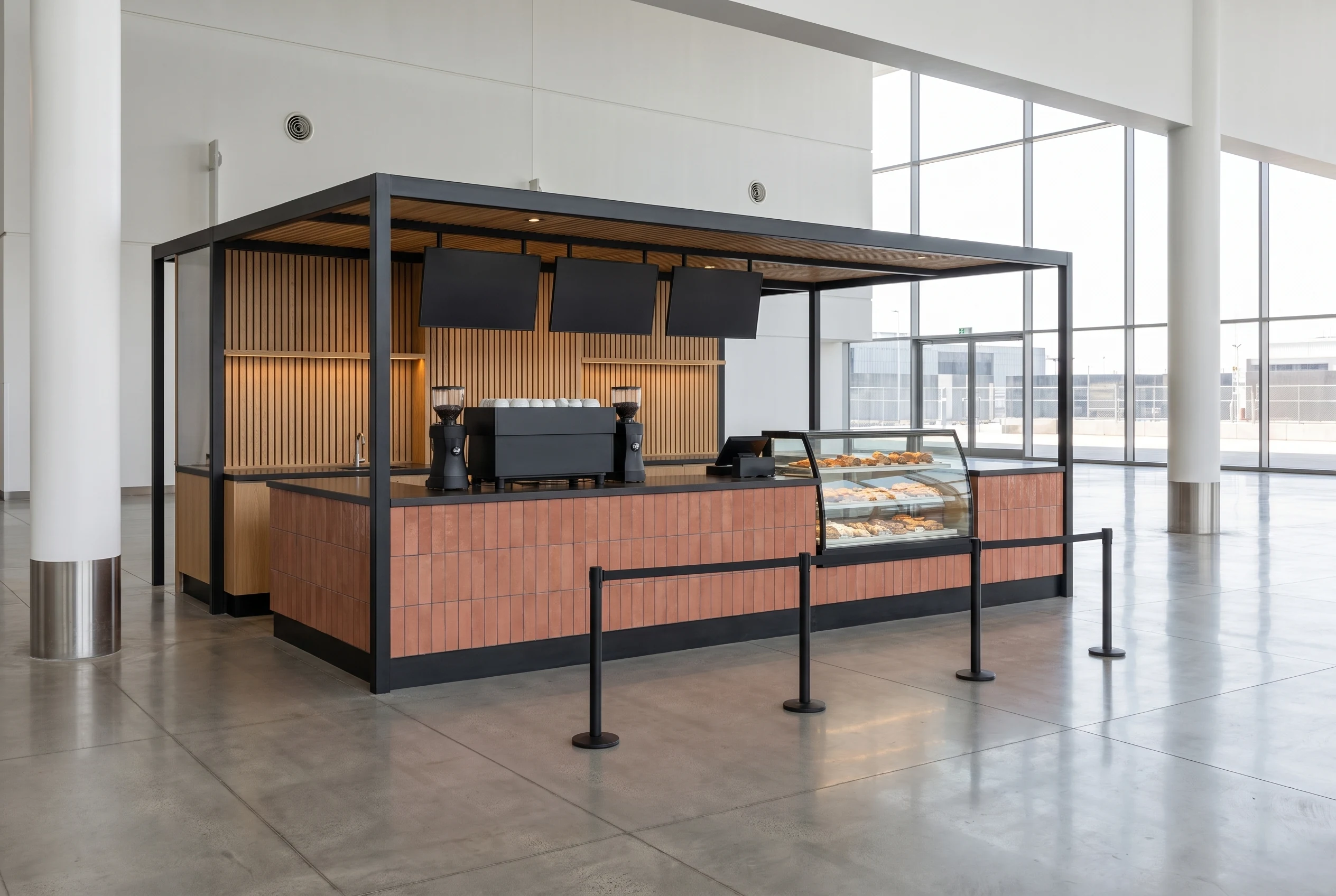 Kiosk rendered with Maquete: Terracotta coffee concession in a glazed atrium