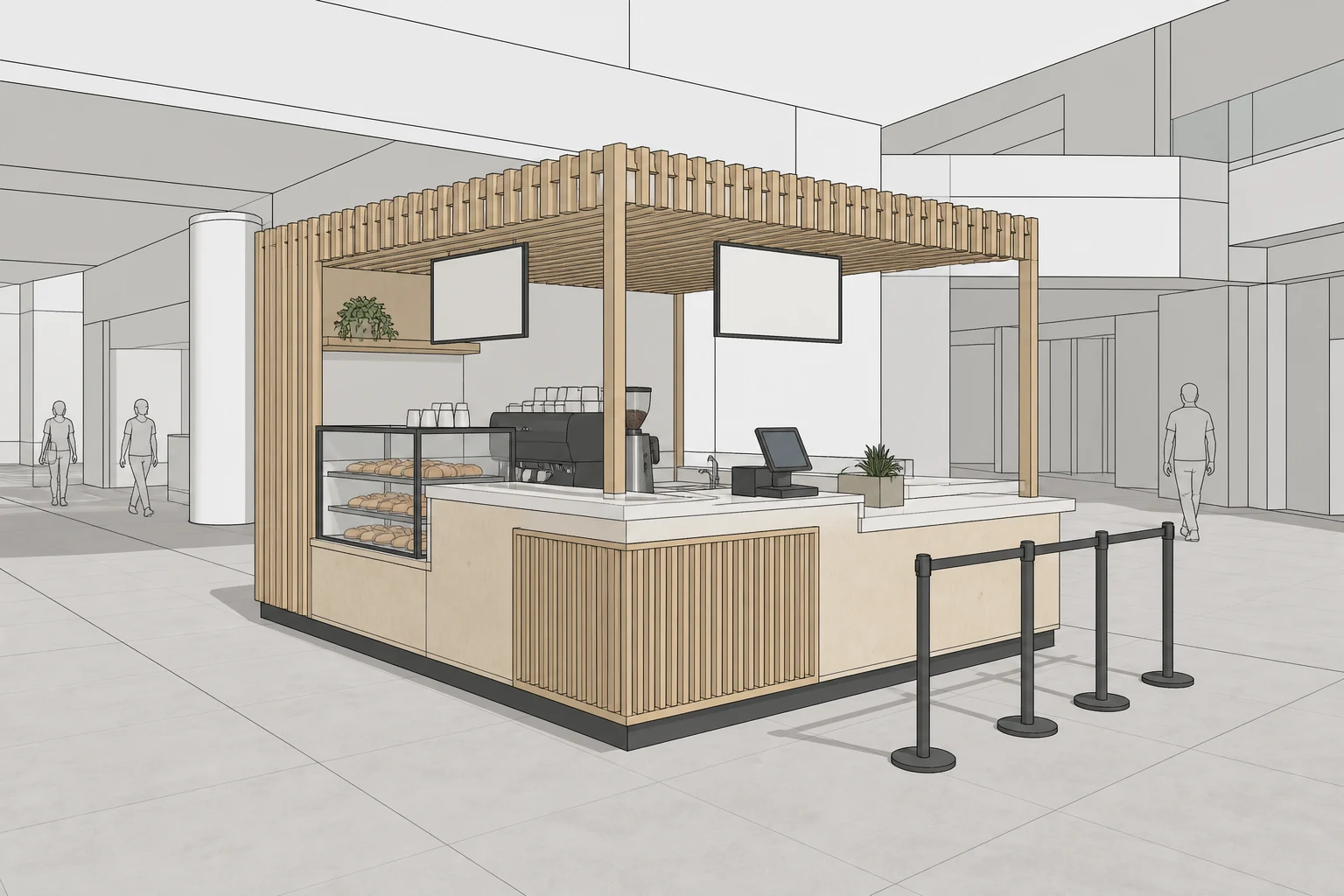 Fictional SketchUp-style kiosk model: Timber coffee kiosk in a shopping-centre concourse