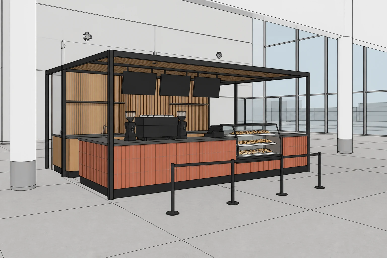 Fictional SketchUp-style kiosk model: Terracotta coffee concession in a glazed atrium