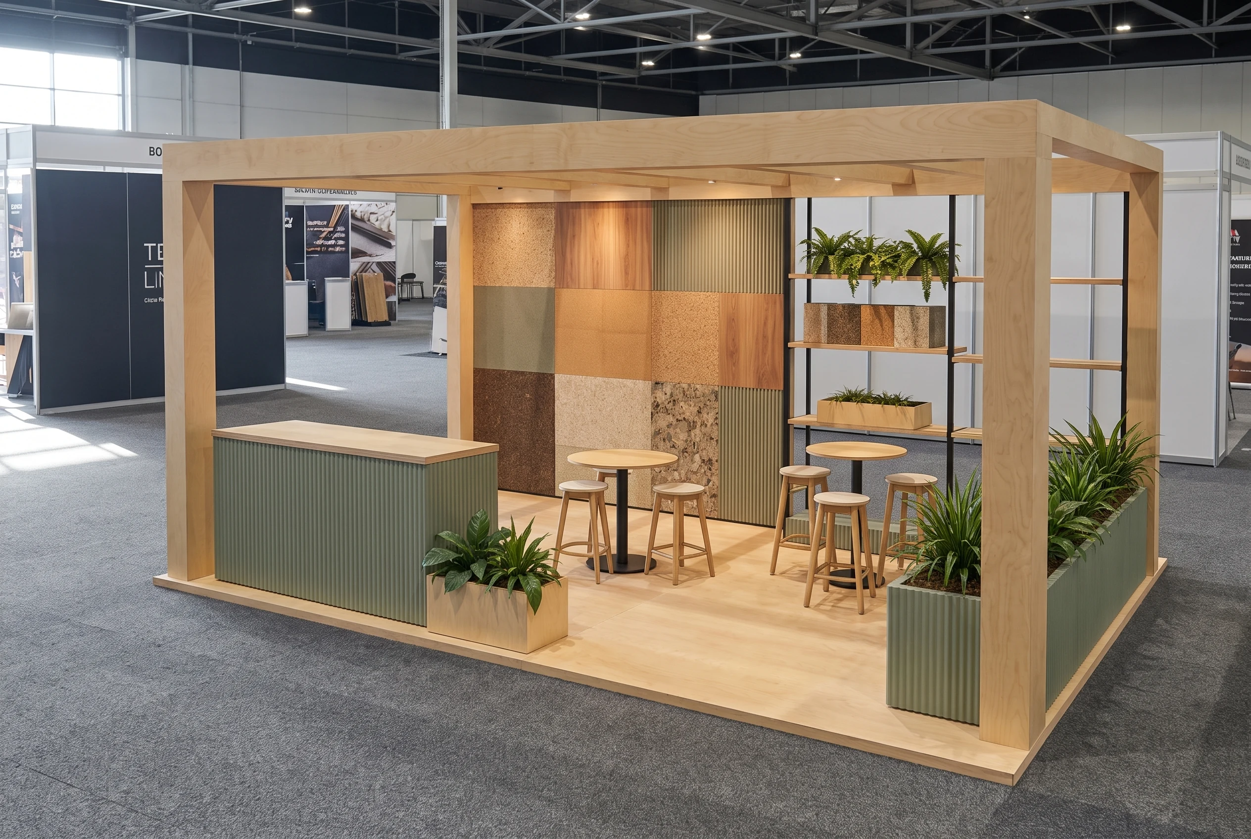Exhibition booth rendered with Maquete: Sustainable-materials trade-show stand