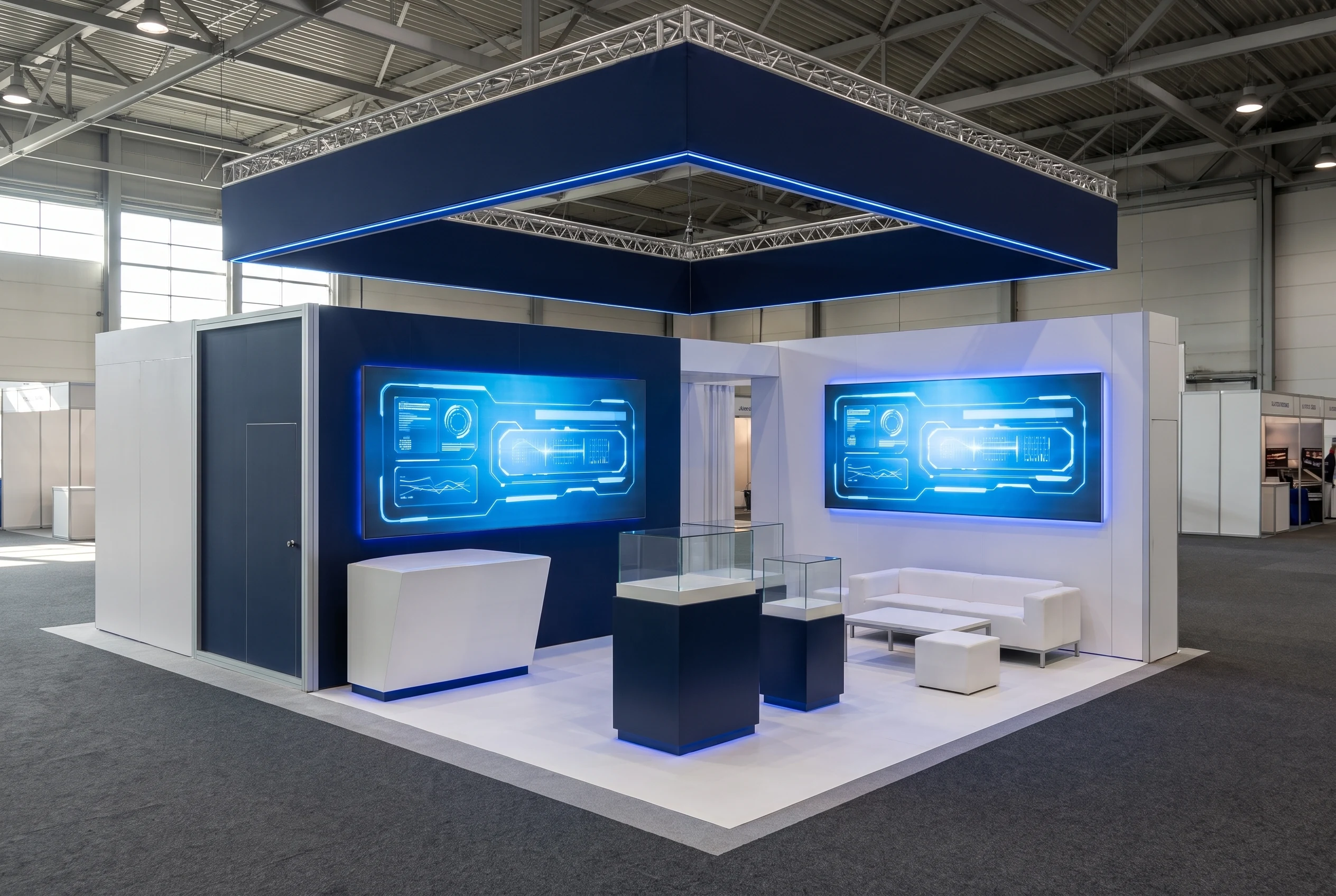Exhibition booth rendered with Maquete: Technology exhibition booth with illuminated displays