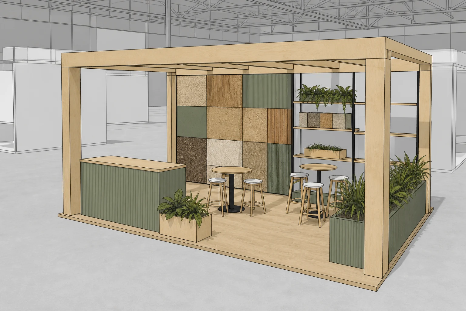 Fictional SketchUp-style exhibition model: Sustainable-materials trade-show stand