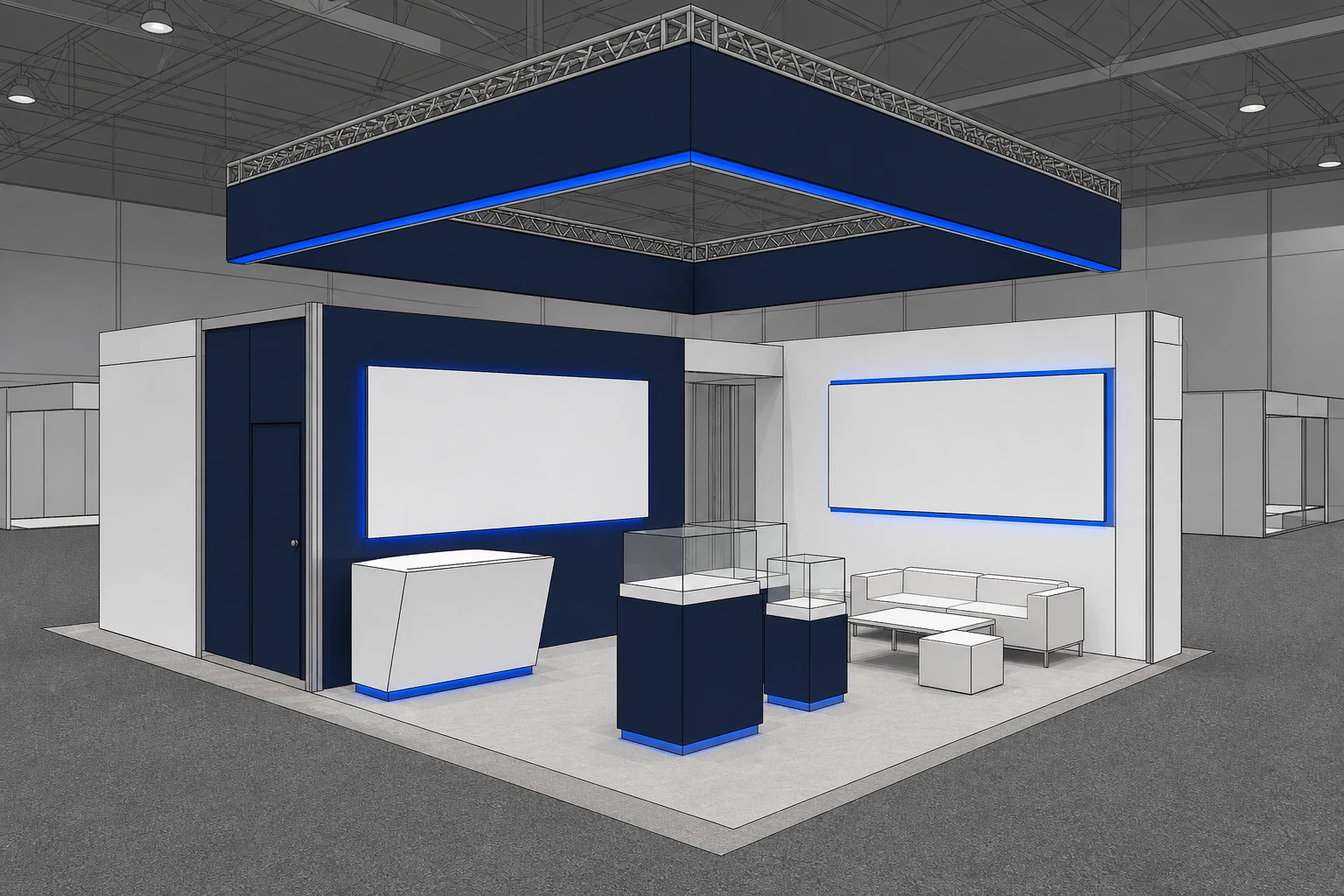 Fictional SketchUp-style exhibition model: Technology exhibition booth with illuminated displays